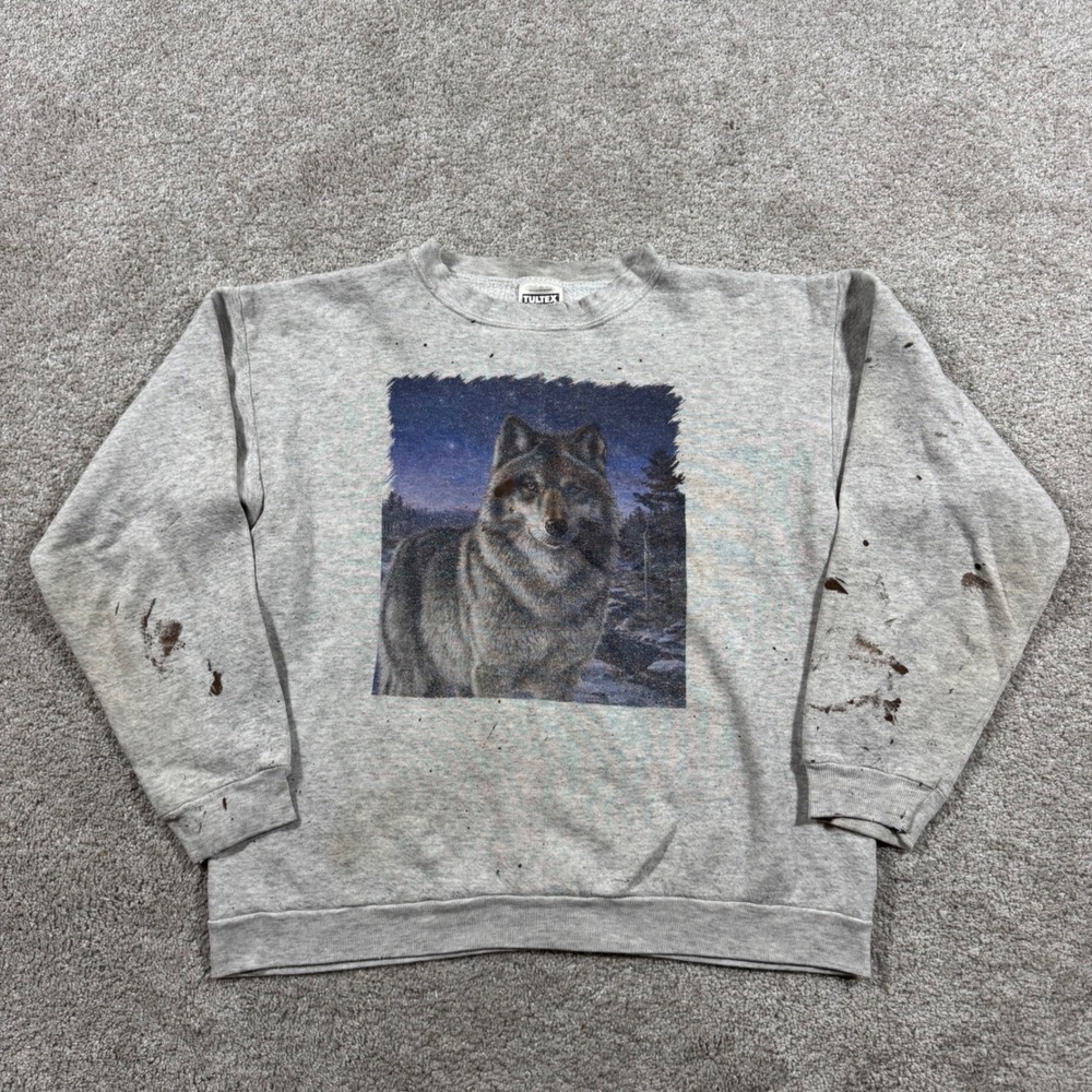 Vintage Tultex Wolf Graphic Sweatshirt Mens Large Gray Distressed Paint Stained